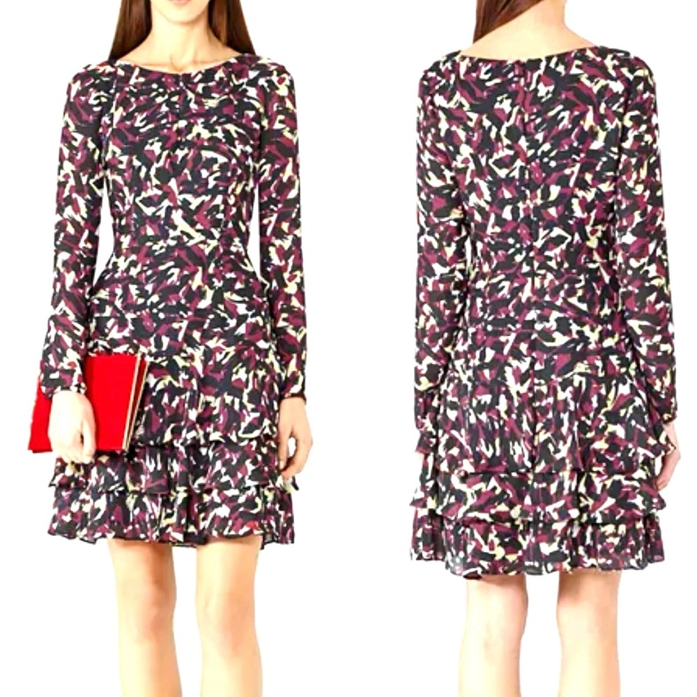 Reiss Long Sleeve Aster Print Ruffle Skirt Tiered Fit and‎ Flare Mini Dress - 10